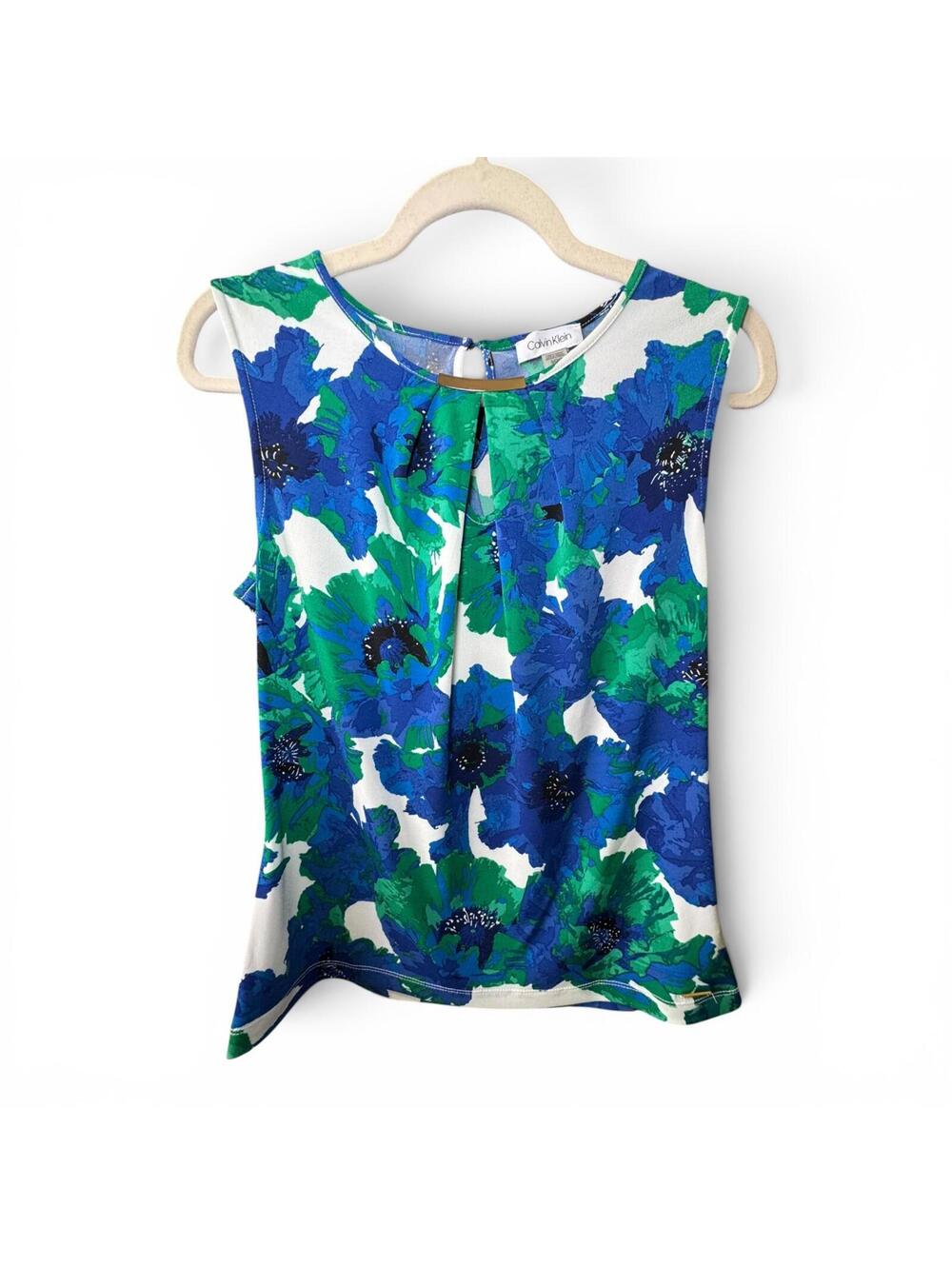 Calvin Klein Blouse Top Formal Blue Green Floral Designer Women's Sz Small EUC